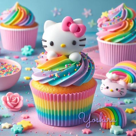 Hello Kitty Rainbow Party, Hello Kitty Birthday Cupcakes, Hello Kitty Cupcake Cake, Hello Kitty 7th Birthday, Sanrio Cupcakes, Hello Kitty Birthday Party Ideas Cake, Hello Kitty And Friends Cake, Hello Kitty Cake Ideas, Hello Kitty Birthday Party Ideas