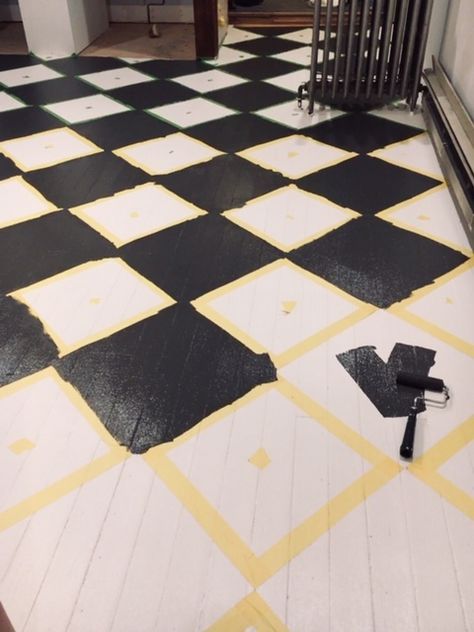 Checkerboard Painted Wood Floors, Wood Floor Checkerboard, Checkered Floor Painting, Painted Black And White Floor, Painted Flooring Ideas, Painted Chequerboard Floor, Black And White Painted Wood Floors, Black And White Painted Floor, Checkerboard Wood Floor