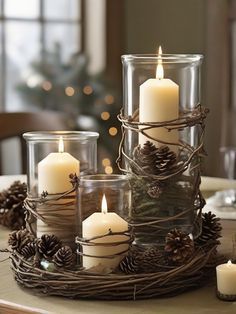 Woodland Table Decor, Advent Candle Holder, Rustic Arrangements, Christmas Decorations Centerpiece, Pine Cone Candles, Rustic Candle, Thanksgiving Dinner Table, French Christmas, Rustic Candle Holders