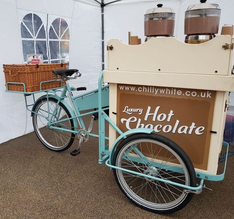 Chilly White Luxury Hot Chocolate Tricycle Hire available for hire at Winter Events in London Hot Chocolate Cart, Event Catering Ideas, Shopping District, Coffee Bike, Tricycle Bike, White Hot Chocolate, Catering Ideas, Cake Factory, Organic Milk