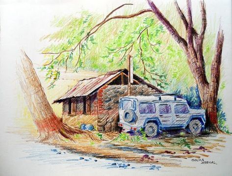 Color Pencil Landscape Drawing, Pencil Colour Landscape, Color Pencil Sketches Landscape, Colour Pencil Sketches, Pencil Colour Painting, Pencils Sketch, Colored Pencil Art Projects, Color Pencil Sketch, Color Pencil Illustration