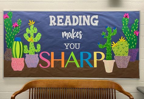 Bulletin Board Reading Theme, Cactus Classroom Door Ideas, Bulletin Board Ideas For Reading, Llama Bulletin Board Ideas, Spring Library Bulletin Board Ideas, Bulletin Board Ideas Reading, Bulletin Board Ideas For Library, Elementary Bulletin Board Ideas, Succulent Bulletin Board