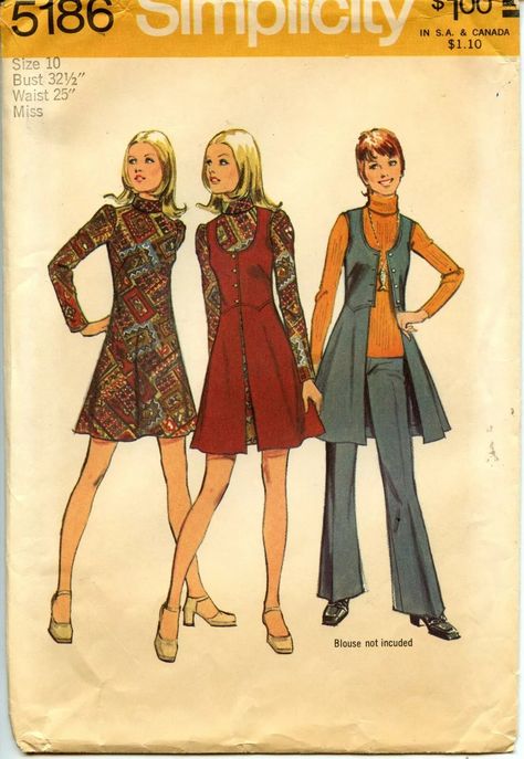 1970's Simplicity Sewing Pattern 5186 Mini-Dress, Vest and Pants Size 10 Bust 32 | eBay 70s Mini Dress, 70s Sewing Patterns, Vintage Clothes Patterns, 1970s Sewing Patterns, Vest And Pants, 70s Clothing, Retro Sewing Patterns, 60s And 70s Fashion, 70s Inspired Fashion