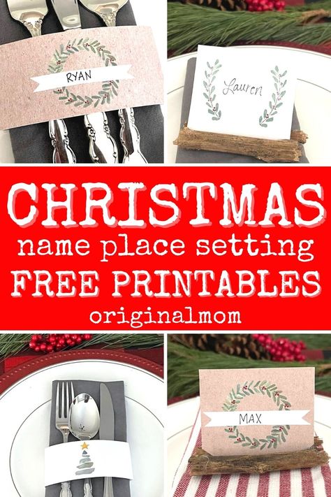 Free Printable Christmas name place setting and Napkin Rings to create a festive table this Chirstmas! Handmade watercolor Christmas place cards perfect for creating a personal holiday table! Free Place Card Template Printable Christmas, Table Name Cards Template Free Printable, Christmas Place Cards Printable Free, Printable Christmas Place Cards, Printable Napkin Rings, Christmas Labels Template, Free Place Card Template, Name Place Settings, Holiday Place Cards