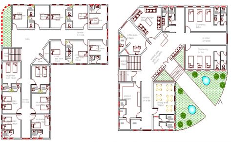 ground and first floor plan of guest house for hospital staff dwg file Guest House Floor Plan, Lobby Floor Plan, Lodge Floor Plans, Lobby Plan, Hospital Floor Plan, School Floor Plan, Architectural Thesis, Hospital Design Architecture, Corridor Office