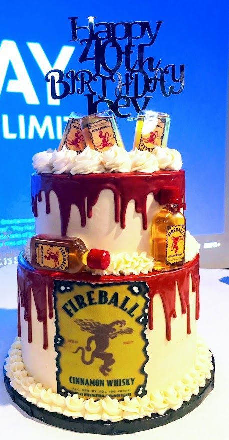 Fireball Birthday Party, Fireball Cake Design, Fireball Birthday Cake, Fireball Birthday, Fireball Cake, Grad Desserts, Fireball Cupcakes, Alcohol Cakes, 50th Birthday Cakes For Men