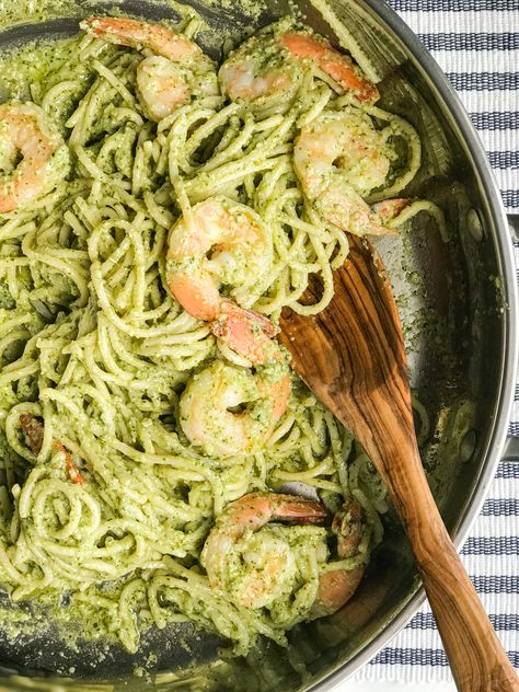 Pesto Shrimp Pasta, Pasta And Shrimp, Pesto Pasta Dishes, Garlic Brussel Sprouts, Shrimp Pesto Pasta, Fresh Basil Pesto, Light Summer Meals, Pesto Shrimp, Pesto Pasta Recipes