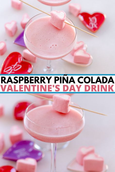 Pink Coconut Cocktail, Raspberry Pina Colada Recipe, Raspberry Rum Cocktails, Pink Pina Colada, Valentines Cocktails Drink Recipes, Valentines Drinks Alcoholic, Galentines Cocktails, Strawberry Daiquiri Mix, Valentine Drinks