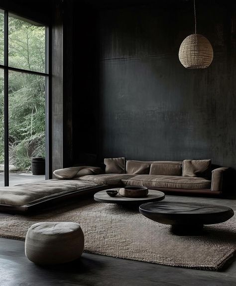 Dark Japandi Interiors, Wabi Sabi Home Interior Design, Dark Modern Interior, Moody Master, Wabi Sabi Living Room, Dark Interior Design, Moody Living Room, Wabi Sabi Interior, Japandi Interiors