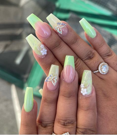 Green Nails Sweet 16, Mint Green Nail Design Ideas, Short Gel Nails With Charms, Sage Green Nails With Butterflies, Princess Tiana Nail Ideas, Sage Green Prom Nails Acrylic, Light Green Birthday Nails, Sage Green Fairy Nails, Cute Lime Green Nails