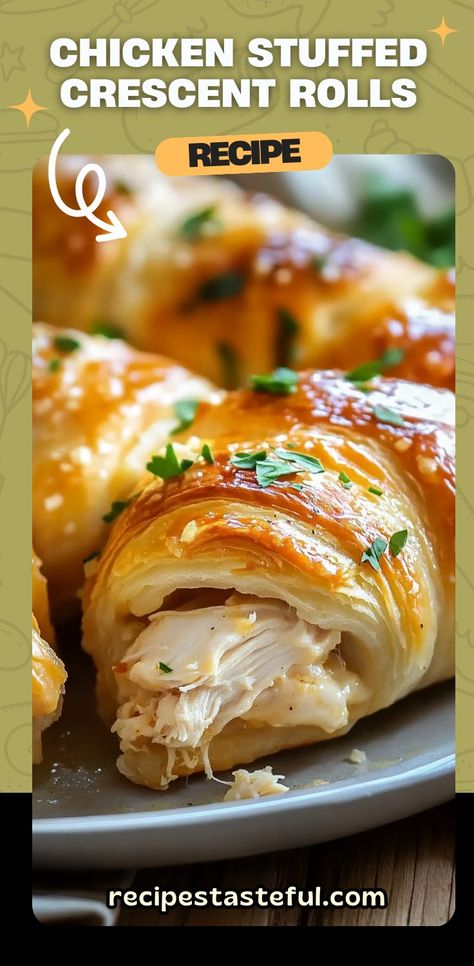 These Chicken Stuffed Crescent Rolls are a deliciously easy meal or appetizer that’s perfect for busy nights or casual gatherings. The tender crescent rolls are filled with a creamy, savory chicken Alfredo mixture, and topped with melted mozzarella and Parmesan for an irresistible bite. With just a handful of ingredients, you can whip up these cheesy, comforting stuffed rolls in no time! #ChickenStuffedCrescentRolls #CrescentRollRecipes #ChickenAlfredo #EasyDinner #ComfortFood #Appetizer Healthy Recipes With Crescent Rolls, Chicken With Croissants Crescent Rolls, Canned Chicken Roll Ups, Cresent Roll Ring Appetizer Recipes, Chicken Rollup Recipes, Crescent And Chicken Roll Ups, Chicken Crescent Rolls Cream Cheese, Chicken Puffs Recipe Crescent Rolls, Chicken Cream Cheese Crescent Rolls