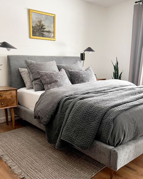 Bedroom Ideas With Velvet Bed, Earth Tone Bedroom Grey Bed, Bedrooms With Grey Bed Frame, Sheets For Grey Headboard, West Elm Andes Side Storage Bed, Neutral Bedding Gray Headboard, Grey Fabric Bed Bedroom, West Elm Bedding Ideas, Charcoal Gray Bedding Ideas