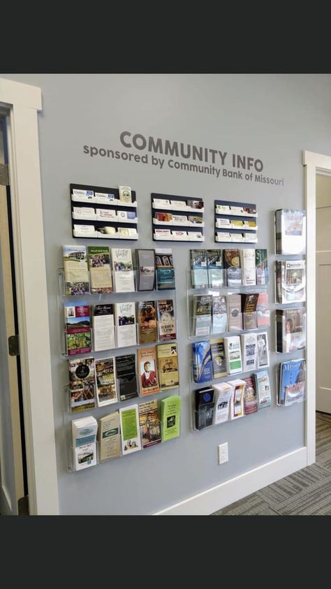 Office Pamphlet Display, How To Display Business Licenses, Community Office Space Ideas, Brochure Display Wall, Small Lobby Ideas, Community Office Space, Resource Wall Ideas, Community Center Decor Ideas, Non Profit Office Design