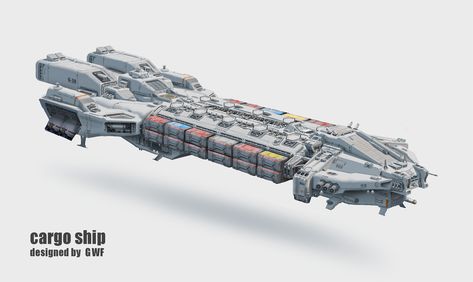 cargo ship, weifeng Gu on ArtStation at https://www.artstation.com/artwork/qA6ney Sci Fi Transport Ship, Space Cargo Ship, Cargo Spaceship, Space Miner, Space Fleet, Cargo Ships, Space Ships Concept, Space Engineers, Sci Fi Spaceships