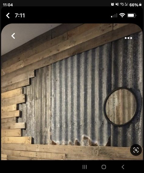 Corrugated Metal Interior Walls, Rustic Tin Walls Ideas, Corrugated Tin Bathroom, Tin Walls Rustic, Tin And Wood Walls, Corrugated Tin Backsplash, Charred Wood Wall, Barn Tin Wall, Metal Bathroom Walls