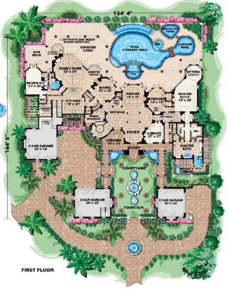 Dream House Drawing, 6 Bedroom House Plans, Plan Garage, Nature House, House Mansion, Mediterranean Style House, Mediterranean House Plan, Luxury Plan, Mediterranean Style House Plans