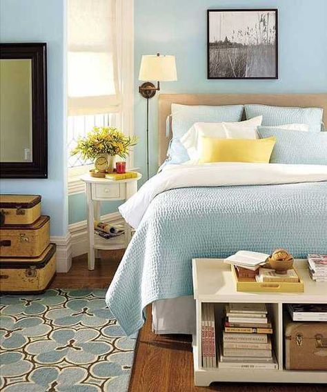 Calm Bedroom Colors | Light Blue Bedroom Colors, 22 Calming Bedroom Decorating Ideas Blue Bedroom Colors, Calming Bedroom Colors, Beautiful Bedroom Inspiration, Light Blue Bedroom, Blue Bedroom Design, Pastel Bedroom, White Bedroom Design, Light Blue Walls, Bedroom Decor Lights