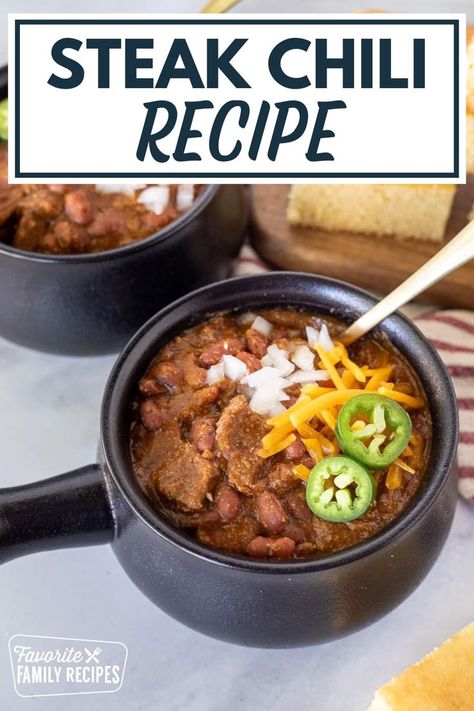 This steak chili is a hearty beef chili that will warm you up (and fill you up) on cold days. The large chunks of sirloin steak with a smoky mixture of spices are melt-in-your-mouth tender! This is an easy recipe to use when you are trying to feed a crowd. Steak Chili Recipe, Steak Chili, Sirloin Steak, Feed A Crowd, Beef Chili, Chili Recipe, Easy Recipe, Steak, Chili