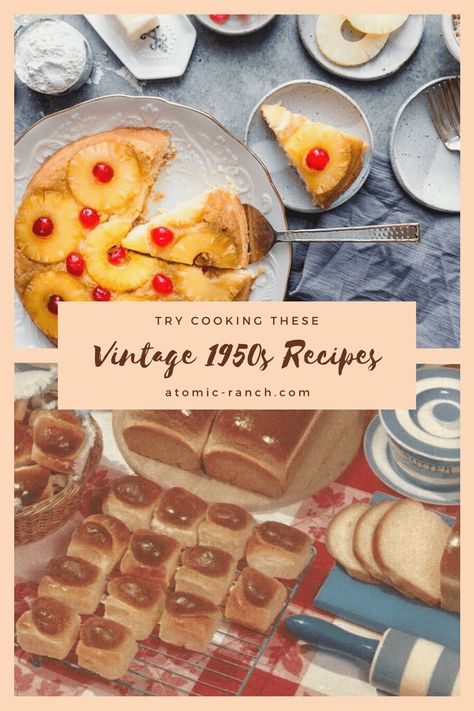 Cook in the past with these fun vintage 1950s recipes! Find them at Atomic-Ranch.com. #vintagerecipes #recipes 50s Diner Food Recipes, 1950s Casserole Recipes, 1950s Recipes Vintage, 50s Food Recipes, 50s Dessert Recipes, 50s Party Food Ideas, Retro Recipes 1950s Dinners, 1960s Dinner Recipes, 1950 Recipes Vintage Food 1950s