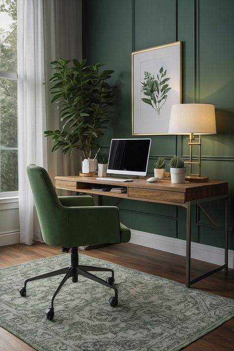 sage green and white cozy home office set the scene wi 1 Grey And Green Office Ideas, Sage Green Home Office Ideas, Home Office Ideas Green, Sage Green Study, Green Office Aesthetic, Therapy Office Aesthetic, Sage Green Office Ideas, Sage Green Home Office, Green Study Room