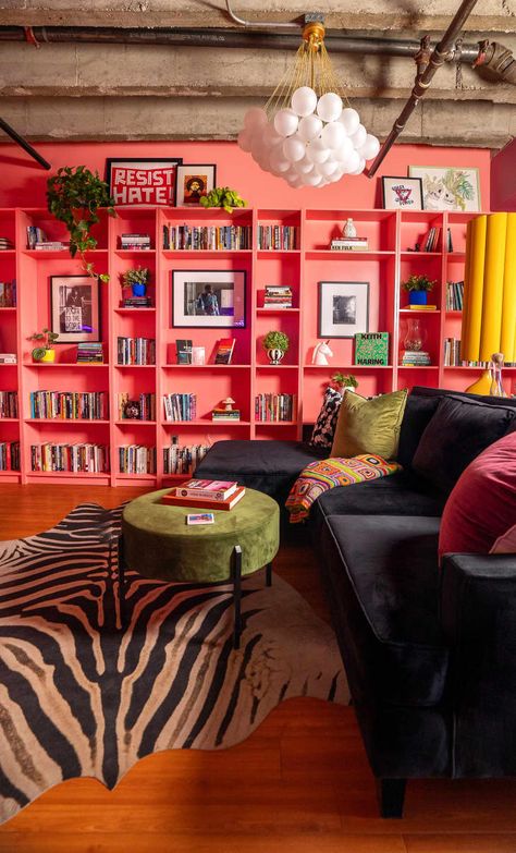 Plain Living Room, Colorful Loft, Billy Bookshelves, Pink Bookshelves, Billy Hack, Grand Library, Magical Cottage, Bookshelf Wall, Ikea Bookcase