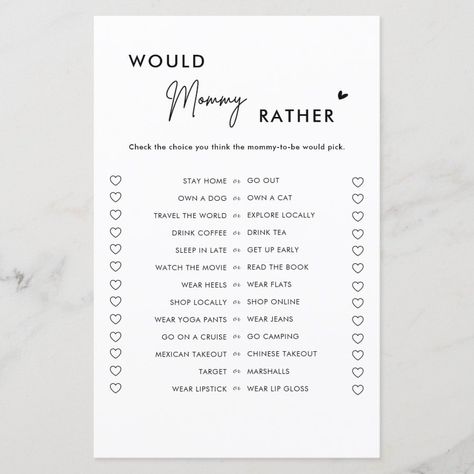 Minimalist Would Mommy Rather Baby Shower Game Zazzle Baby Shower Accessories, Baby Shower Game Cards, Simple Baby Shower, Baby Shower Activities, Baby Shower Decor, Perfect Baby Shower, Baby Shower Planning, Baby Shower Game, Game Cards