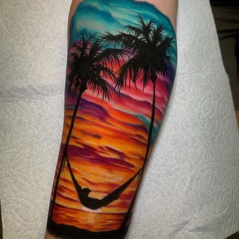 Hammock on the beach, watching the sunset. Tattoo by Jon Leighton, artist and owner at Fallen Crow Tattoo in Murrieta, California. Summer Vibes Tattoo, Hammock Tattoo, Summer Tattoo Ideas, Vibes Tattoo, Beachy Tattoos, Sunset Tattoos, Summer Tattoo, Forest Tattoos, Palm Tree Tattoo