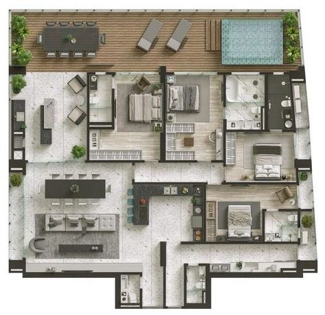 Penthouse Apartment Floor Plan, Small Modern House Plans, Luxury Floor Plans, Modern House Floor Plans, House Floor Design, Apartment Floor Plans, Casas The Sims 4, House Construction Plan, Minimal House Design