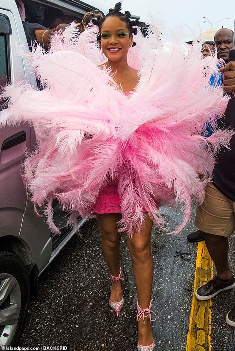 Rihanna makes her presence felt in flamingo feathered pink dress at the annual Crop Over festival | Daily Mail Online Rihanna Carnival, Rihanna Barbados, Urban Outfitters Outfit, New York Aesthetic Outfits, Rihanna Show, Looks Rihanna, Carnival Outfit, Rihanna Outfits, Rihanna Looks