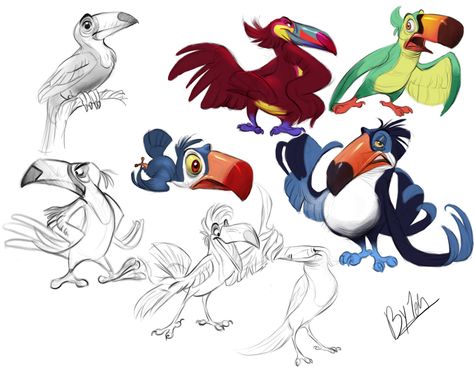 Toucan Designs, Ester Conceiçao on ArtStation at https://www.artstation.com/artwork/PBQXr Toucan Character Design, Toucan Sketch, Animal Caricature, Cartoon Birds, Animal Character, Desenho Tattoo, Bird Artwork, Animal Sketches, Arte Animal