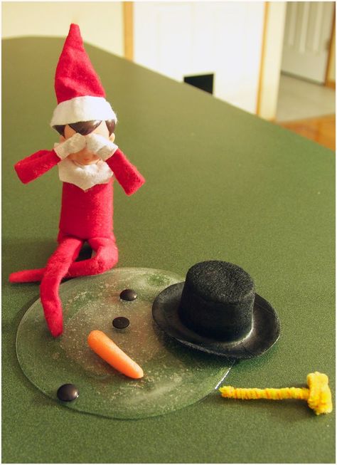 Elf on shelf and his melted snowman Elf Shenanigans, To Do App, Elf Mischief, Elf Of The Shelf, Christmas Elf Ideas, Shelf Elf, Christmas Elf On The Shelf, Melted Snowman, Elf Magic