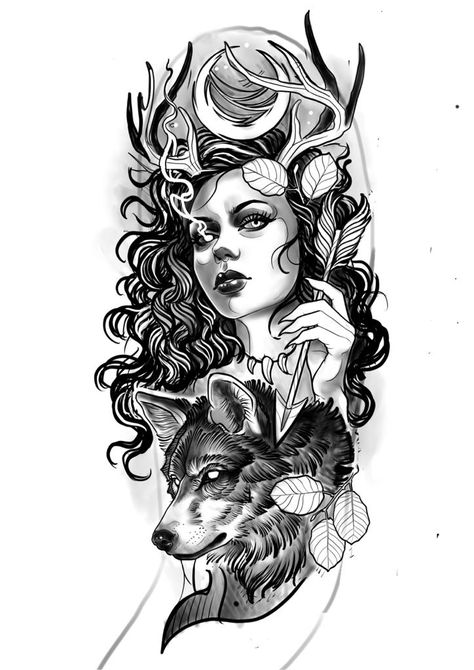 Female Goddess Tattoo, Dynamic Faces, Huntress Tattoo, Druid Tattoo, Dark Goddesses, Diana Artemis, Greek Goddess Tattoo, Artemis Tattoo, Valkyrie Tattoo