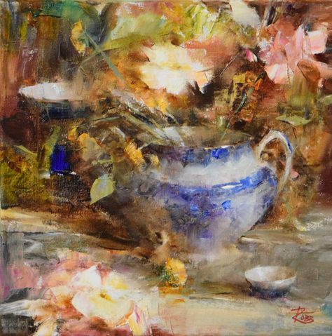 Flow Blue Sugar Bowl by Laura Robb, Oil, 11 x 11 Laura Robb, Pink Amaryllis, Asian Teapots, Fruit Table, White Cosmo, Decorating With Blue, Asian Vases, Blue White China, Yellow Orchid