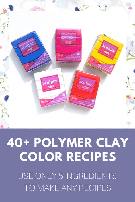 Use polymer clay recipes to mix that eye catching color! Click to see 40+ polymer clay recipes which can be made using only 5 color ingredients: Premo Cadmium Red, Premo Cadmium Yellow, Premo Cobalt, Premo Fuchsia, Souffle Igloo or Premo White. #polymerclaycolorrecipe #claycolorrecipe #polymerclaycolormixing #claycolormixing Which Clay To Use, Mixing Colors Polymer Clay, Polymer Clay Recipes Free, Sculpey Souffle Color Mixing, Sculpey Clay Color Recipes Free, Polymer Clay Mixing Colors Sculpey, Fimo Polymer Clay Color Mixing Recipes, Fimo Clay Recipe, Polymer Clay Colours