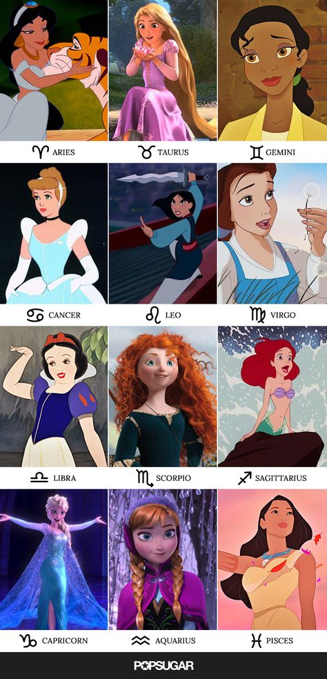 Ever felt like you related to Ariel or Belle on a whole other level? Maybe the stars were trying to tell you something! You and your favorite Disney princess may share some seriously similar qualities — all based on your zodiac sign. See what your sign says about you and your favorite princesses. Disney Princess Zodiac Signs, Disney Princess Zodiac, Zodia Pești, Zodiac Clothes, Zodiac Sign Fashion, Zodiac Society, Princesa Disney, Zodiac Signs Horoscope, 캐릭터 드로잉