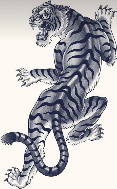 Full Body Tiger Tattoo Design, Traditional Tiger Back Piece Tattoo, Tiger Climbing Up Tattoo, Japanese Style Tiger Tattoo, Korean Tiger Tattoo South Korea, Climbing Tiger Tattoo, Crawling Tiger Tattoo, Thai Tiger Tattoo, Old School Tiger Tattoo