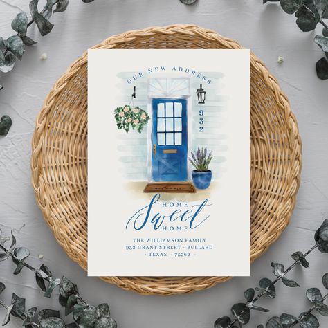 Watercolor Housewarming Card, Watercolor Front Door, Front Door With Glass, Watercolor Door, Country Style Farmhouse, New Home Announcement, Home Announcement, Farmhouse Home Design, Blue Siding