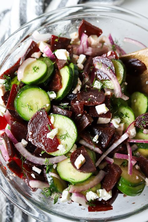 This cucumber beet salad is made with just a few simple ingredients and is so, so flavorful. Whether you're a beet lover or new to incorporating them in recipes, you'll love this yummy side dish. Cucumber Beet Salad, Balanced Nutritionist, Pickled Beet Salad, Protein Pasta Salad, Beet Salad With Feta, Salad With Feta Cheese, Potato Salad Dill, Beet Salad Recipes, Feta Cheese Salad