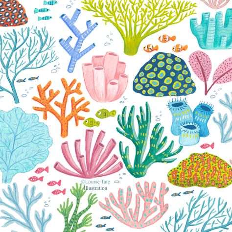 Coral Reef Watercolor Easy, Coral Reef Drawing Illustration, Coral Reef Illustration Underwater, Painted Coral Reef, Sea Coral Illustration, Coral Reefs Illustration, Coral Bleaching Illustration, Aquarium Illustration Art, Cartoon Coral Reef