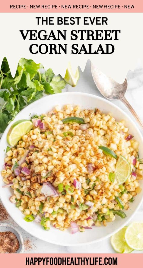 Are you looking for a delicious and healthy summer salad recipe to try? This 20-Minute Vegan Street Corn Salad is perfect! Packed with fresh sweet corn and flavorful spices, this Mexican-inspired dish is super tasty. It's easy to make and great for a quick meal or side dish. Whether you're vegan or just love a good salad, this street corn salad is sure to please your taste buds! Vegan Street Corn, Street Corn Salad Recipe, Street Corn Salad, Corn Salad Recipe, Fresh Corn Salad, Mexican Corn Salad, Corn Side Dish, Pin Ring, Popular Side Dishes