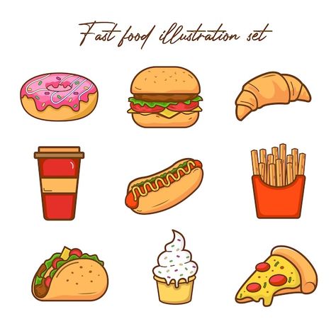 Fast food illustration set junk food don... | Premium Vector #Freepik #vector #food #menu #coffee #restaurant Food Drawing Easy, Fast Food Illustration, Cream Croissant, Food Donut, Pizza Taco, Menu Coffee, Burger Pizza, Coffee Restaurant, Vector Food