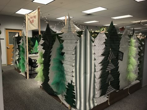 Christmas Decorated Cubicle At Work, Christmas Tree Office Decoration, Christmas Desk Decor Ideas Office Cubicle, Christmas Cubical Decorating Contest, Christmas Village Cubicle Ideas, Office Christmas Decorating Contest, Decorating Office For Christmas, Christmas Cubical Decor, Christmas Tree Farm Office Decorations