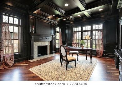 Library with dark paneling  photo Royalty free images stock Modern Mediterranean House, Wood Coffered Ceiling, Coffered Ceiling Ideas, Home Study Design, Coffered Ceiling Design, Childhood Bedroom, Office Area Rugs, Bedroom Upgrade, Popcorn Ceiling