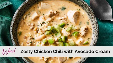 Zesty Chicken Chili with Avocado Cream – Stacey Hawkins Green Soups, Lean Green Recipes, Zesty Chicken, Optavia Recipes, Lean Chicken, Green Meals, Avocado Cream, Recipes Low Carb, Green Recipes