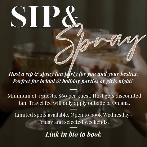 The holiday season is here! Which means, giving thanks and spending quality time with your friends and family!❤️ Host a Sip & Spray party for all of your special occasions! -Friendsgiving🦃 -Christmas parties🎄 -Bridal parties💍 -Girls night🥂 Minimum of 3 guests, $60 per guest, host gets discounted tan. Travel fee will only apply outside of Omaha. Limited spots available, open Wednesday-Friday and selected weekends. LINK IN BIO TO BOOK📲 • • • #sunlesstanning #esthetician #omahanebraska #omahat... Christmas Spray Tan, Spray Tan Party, Tanning Room Decor, Spray Tan Business Marketing, Tanning Business, Tanning Room, Esthetician Business, Spray Tan Business, Mobile Spray Tanning