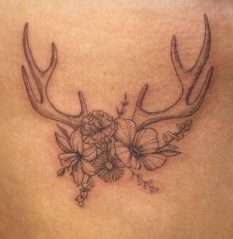 Flower Antler Tattoo, Deer Antler And Flower Tattoo, Antler Flower Tattoo, Ear Tag Tattoo, Antler Tattoos For Women, Deer Antler Tattoo With Flowers, Deer Antler Tattoos, Deer Antler Tattoo, Dear Antlers