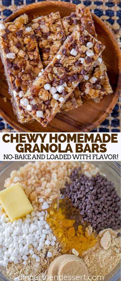 Homemade Granola Bars with chocolate chips and marshmallows are a chewy, easy to make and no-bake are a winning combination and kid favorites. Perfect for packing for school or an afternoon snack. #granola #granolabars #chewy #chocolate #chocolatechips #marshmallows #snack #kidfriendly #dinnerthendessert Soft Granola Bar Recipe, Packing For School, Homemade School Snacks, Chocolate Chips And Marshmallows, Easy Homemade Granola Bars, Bars With Chocolate Chips, Oatmeal Granola Bars, Granola Bar Recipe Healthy, Soft Granola