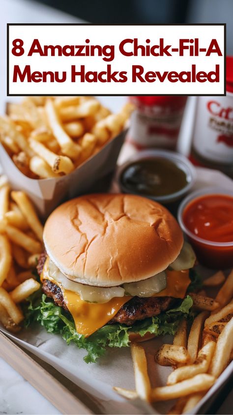 Chick-Fil-A meal with fries, a sandwich, and various sauces showcasing secret menu hacks and customization ideas. Chik Fil A Hack, Chick Fil A Order Ideas, Chick Fil A Hacks, Sandwich Hacks, Chick Fil A Sandwich, Copycat Chick Fil A, Secret Menu Items, Waffle Fries, Secret Menu