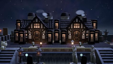 Acnh Witchy, Animal Crossing Inspiration, Goth Houses, Double House, Ac New Leaf, Animal Crossing Wild World, Island Theme, Animal Crossing Villagers, Dark City