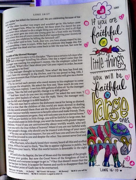 Luke 16 Bible Journaling, Luke Bible Journaling, Bible Annotations, Luke Bible, Bible Journaling Notes, Luke 16 10, Journal Drawing Ideas, God Bible Verses, Bible Pages